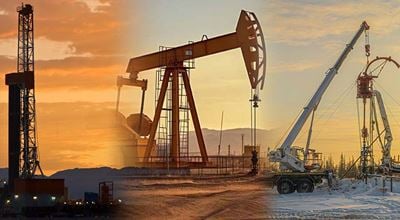 Collage of oilfield drilling, production and stimulation rigs.