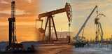 Collage of oilfield drilling, production and stimulation rigs.