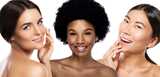 Three women with healthy, glowing skin smiling and gently touching their faces, against a white background.