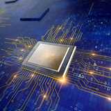generated image of a processor surrounded with integrated circuits on an electronic board