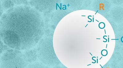 illustration of colloidal sillica particle with modified and anionic surface chemistry, potassium stabilized