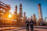 Refinery industry engineer are working and discussing at front of industrial factory