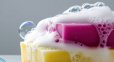 Shampoo bars with soap suds, personal care and cleaning products