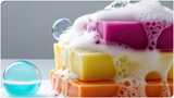Soap bars with lather and suds showing foaming properties.