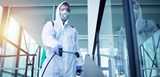 Shot of male person in white chemical protection suit doing disinfection of public areas to stop spreading highly contagious corona virus. Nouryon’s Triameen® Y12D is a highly effective biocidal amine with broad spectrum microbiocidal properties. It's excellent for use against Coronavirus, Mycobacteria and Pseudomonas aeruginosa, Influenza virus H1N1.
