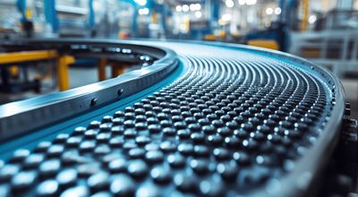 Close up of a metal conveyor belt with a blue rubber surface and round steel roller wheels in a factory