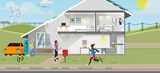 Showing house and surroundings with every day essentials like house, car, windmills, running shoes and more