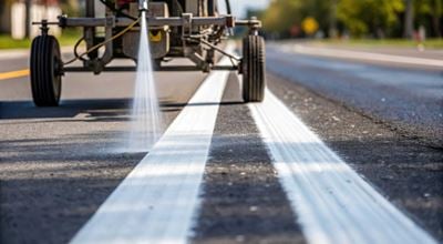 A detailed view of a paint sprayer releasing bright white line markings along a paved road