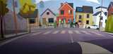Vector image of a crosswalk in a neighborhood with people gathered on the sidewalk near colorful houses.